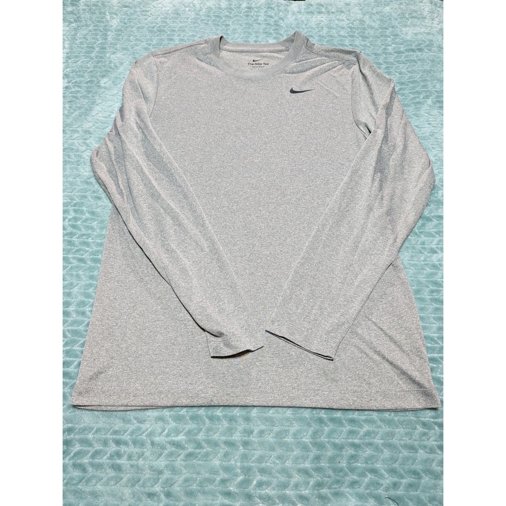 Nike Dri-FIT Mens Small Long Sleeve Heathered‎ Grey Training Shirt Swoosh Logo